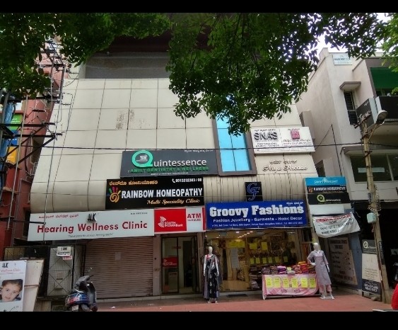 Rainbow Homeopathy clinic signboard on the ground floor, Kalyan Nagar, Bengaluru